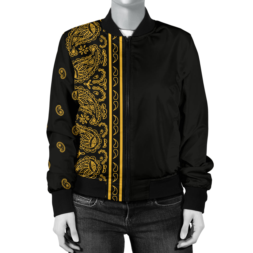 Asymmetrical Black Gold Bandana Women's Bomber Jacket