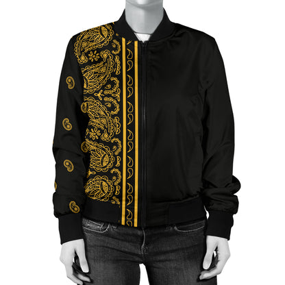 Asymmetrical Black Gold Bandana Women's Bomber Jacket