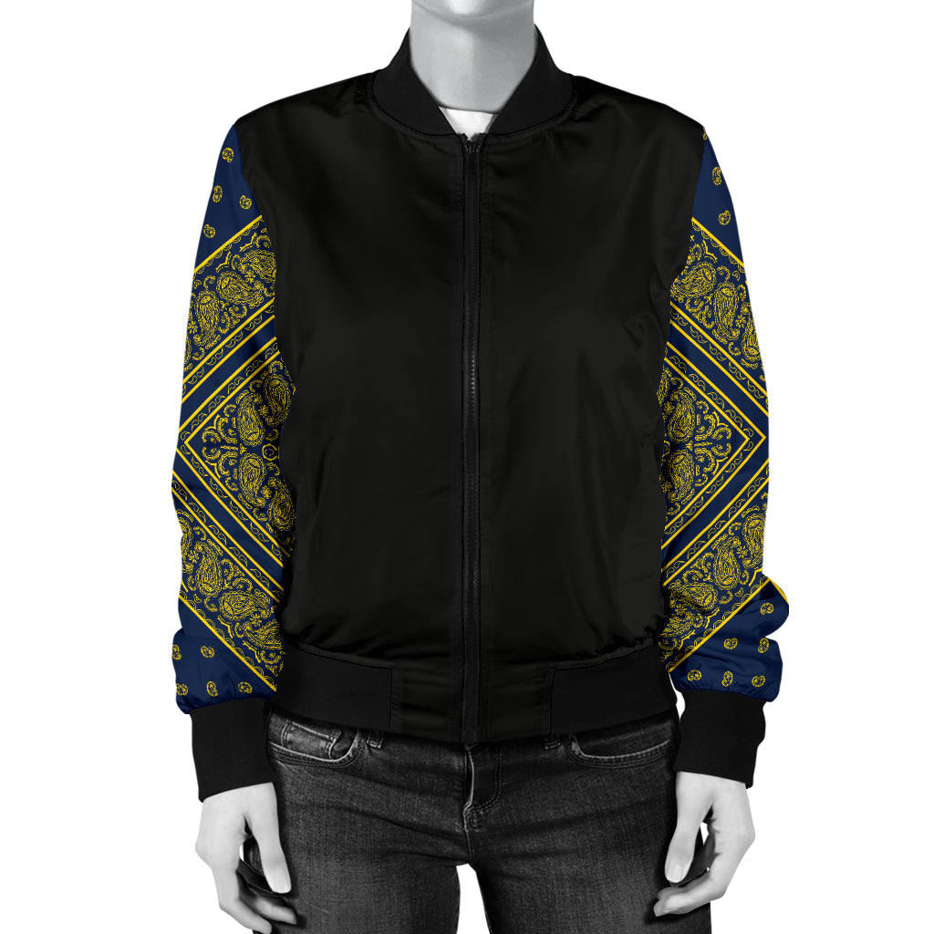 Women's Navy Blue and Gold Bandana Sleeved Bomber Jacket