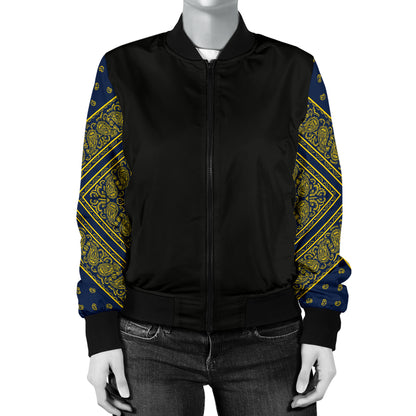 Women's Navy Blue and Gold Bandana Sleeved Bomber Jacket