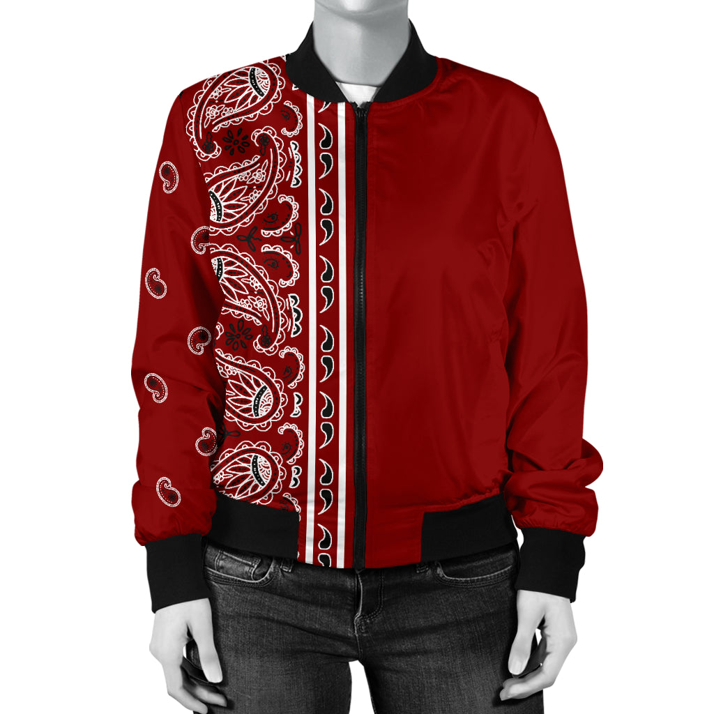Asymmetrical Maroon Red Bandana Women's Bomber Jacket