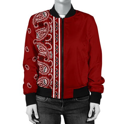 Asymmetrical Maroon Red Bandana Women's Bomber Jacket