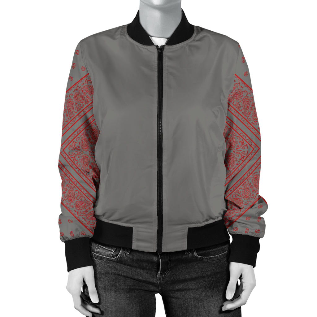 Women's Gray and Red Bandana Sleeved Bomber Jacket