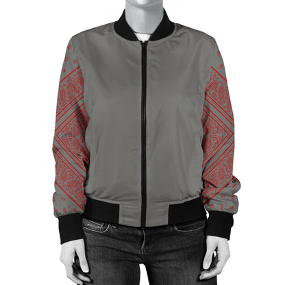 Women's Gray and Red Bandana Sleeved Bomber Jacket