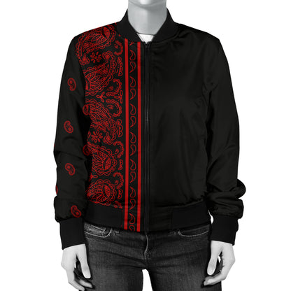 Asymmetrical Black and Red Bandana Women's Bomber Jacket