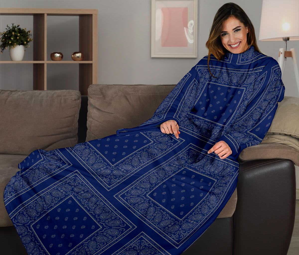 blue and gray bandana blanket with sleeves