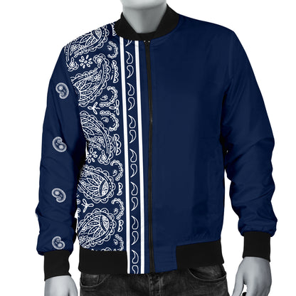 Men's Asymmetrical Navy Blue and White Bandana Bomber Jacket