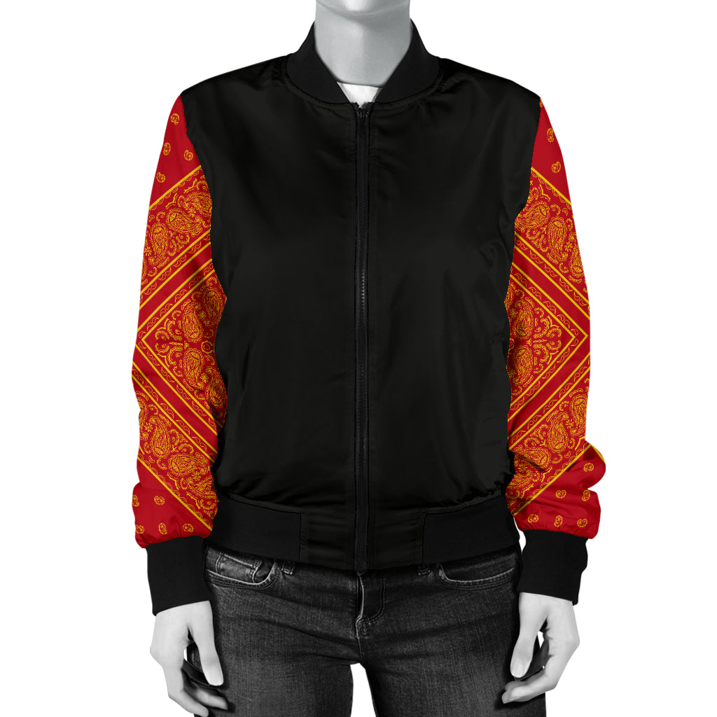 Women's Red and Gold Bandana Sleeved Bomber Jacket