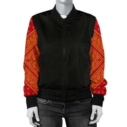 Women's Red and Gold Bandana Sleeved Bomber Jacket