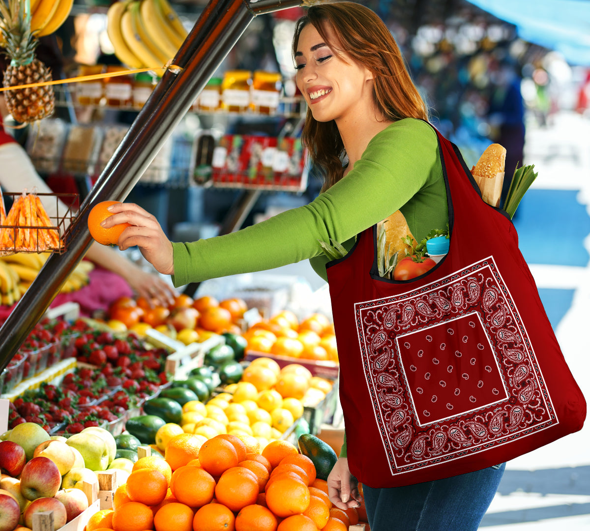 Maroon Red Bandana Reusable Grocery Bag 3-Pack