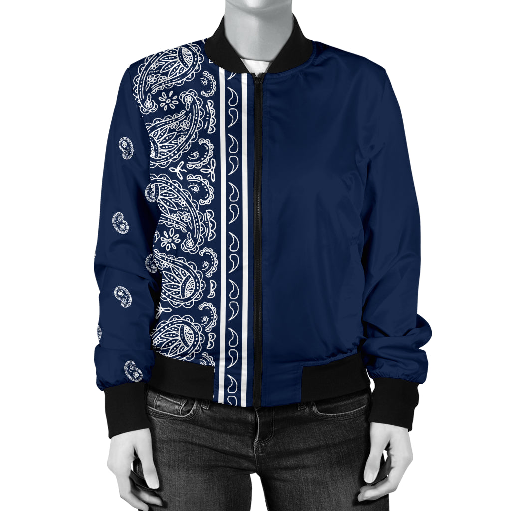 Women's Asymmetrical Navy Blue and White Bandana Bomber Jacket
