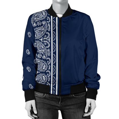 Women's Asymmetrical Navy Blue and White Bandana Bomber Jacket