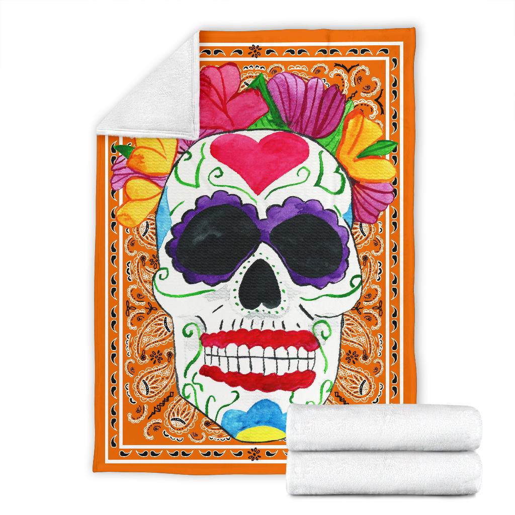 Ultra Plush Orange Bandana Sugar Skull Fleece Throw