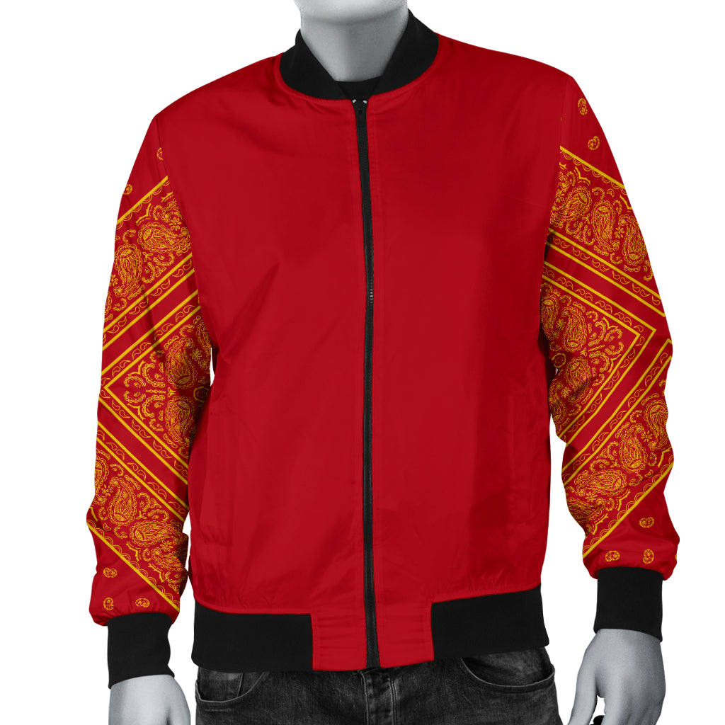 Men's Red and Gold on Red Bandana Sleeved Bomber Jacket