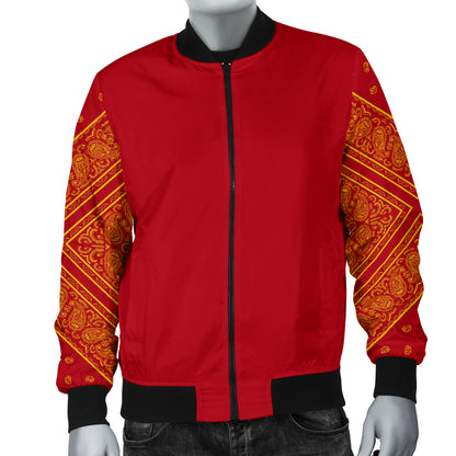 Men's Red and Gold on Red Bandana Sleeved Bomber Jacket