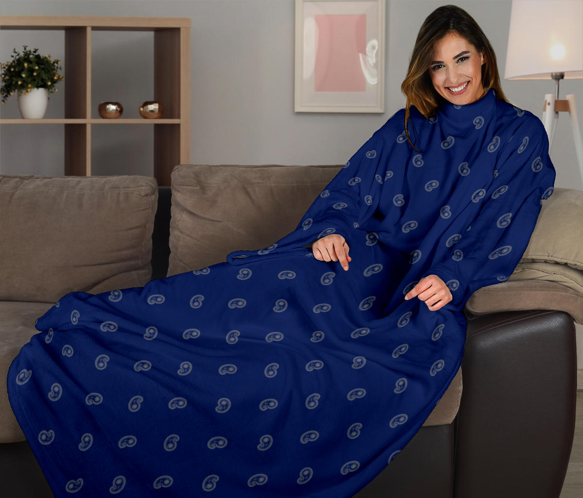blue gray paisley sleeved blanket
