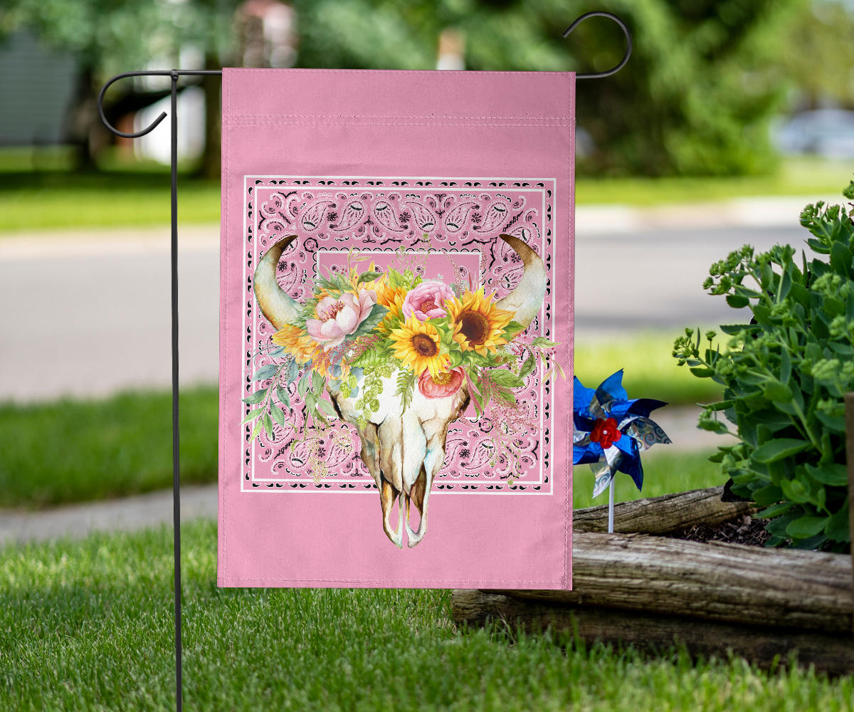 Pretty Pink Bandana Cow Skull Home and Garden Flags
