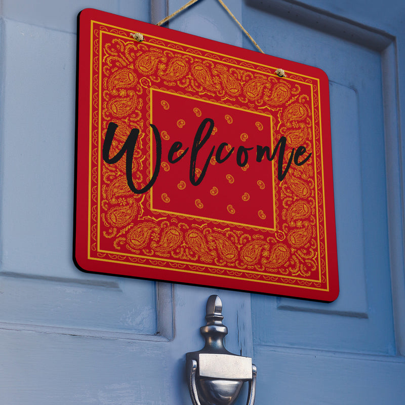 Welcome Red and Gold Bandana Sign