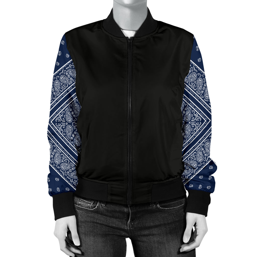 Women's Navy Blue and White Bandana Sleeved Bomber Jacket