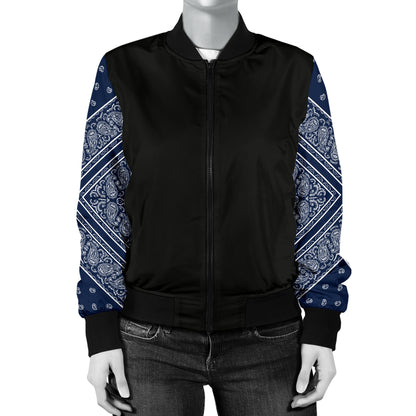Women's Navy Blue and White Bandana Sleeved Bomber Jacket