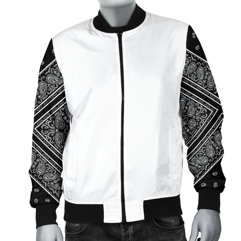 Men's Black Bandana on White Sleeved Bomber Jacket