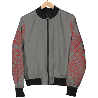 Men's Gray and Red Bandana Sleeved Bomber Jacket