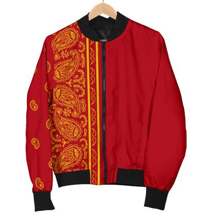 Asymmetrical Red and Gold Bandana Men's Bomber Jacket