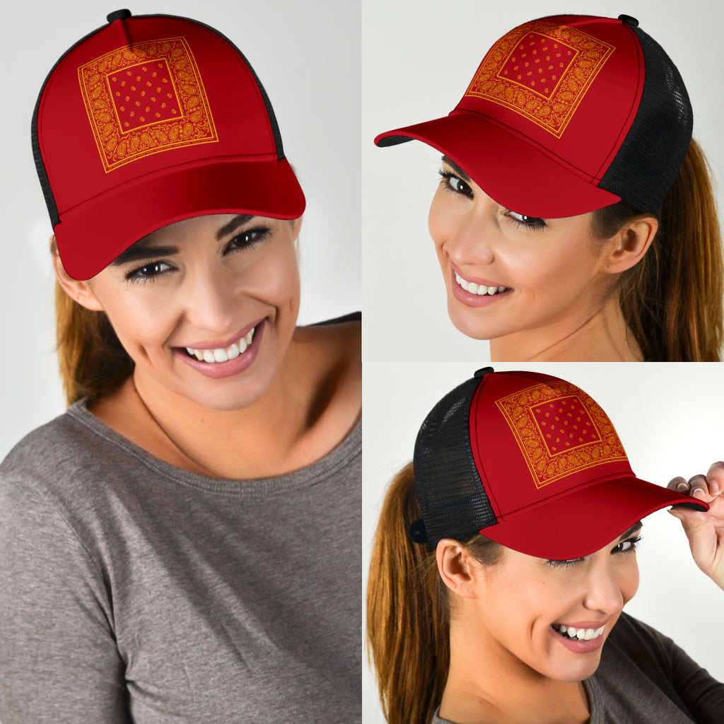 Red and Gold Bandana Simple Mesh Back Cap