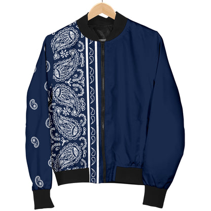 Men's Asymmetrical Navy Blue and White Bandana Bomber Jacket