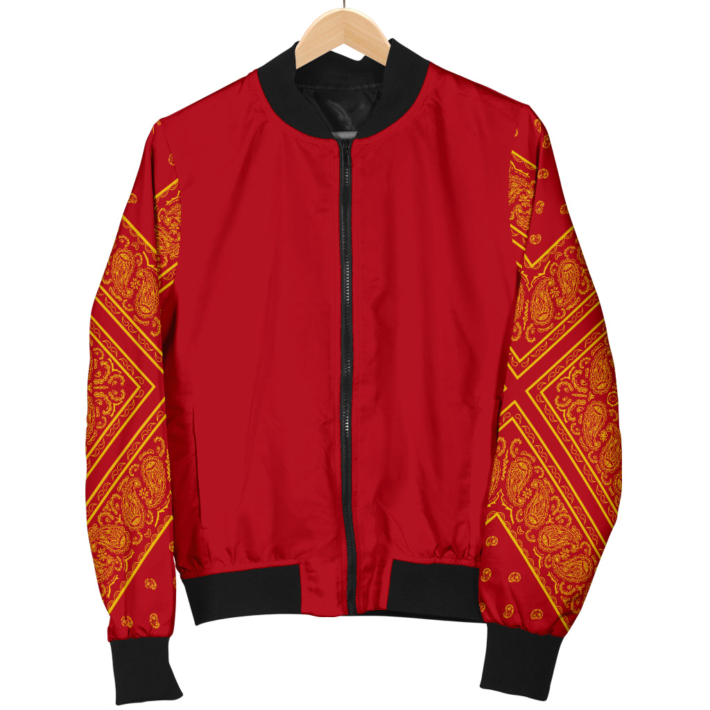 Women's Red and Gold on Red Bandana Sleeved Bomber Jacket