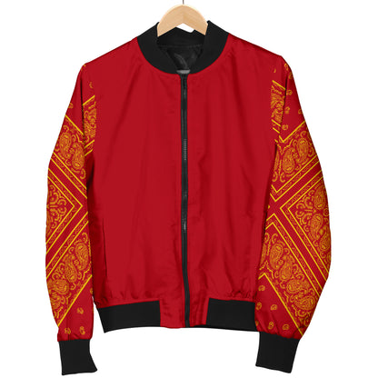 Women's Red and Gold on Red Bandana Sleeved Bomber Jacket