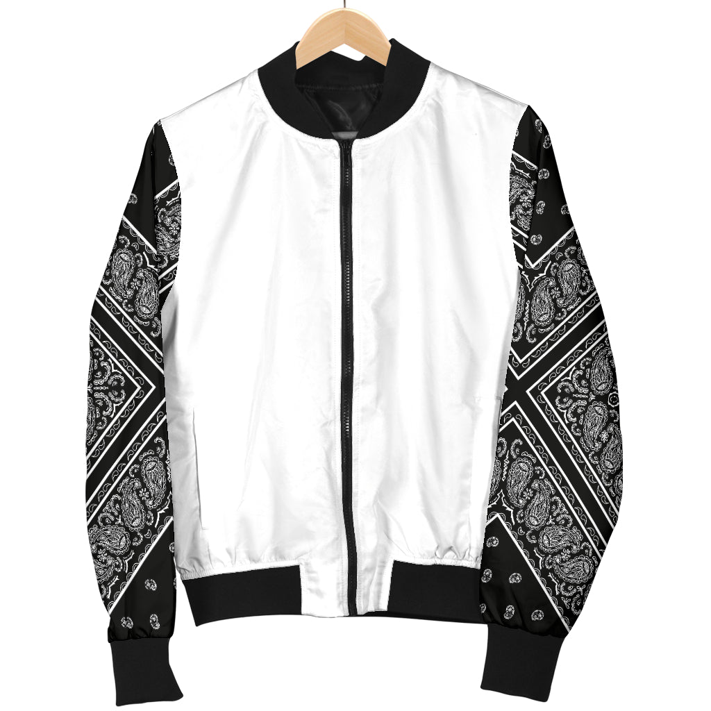 Women's Black Bandana on White Sleeved Bomber Jacket