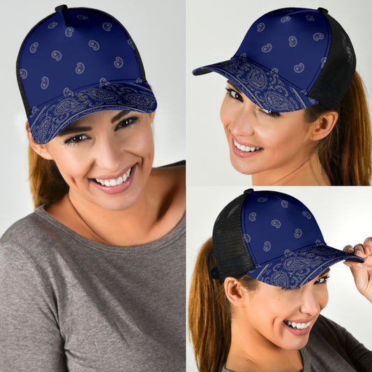 blue and gray bandana print ball cap
