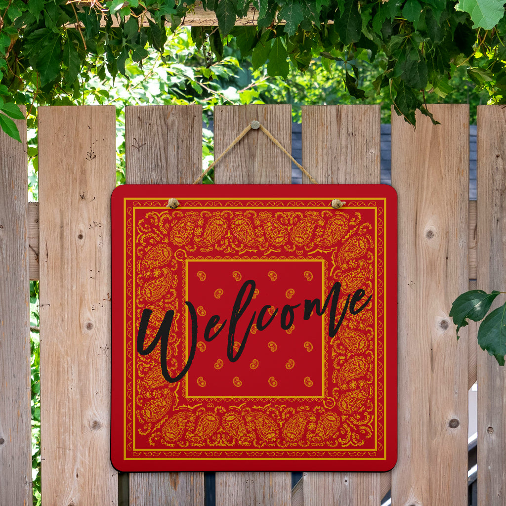 Welcome Red and Gold Bandana Sign