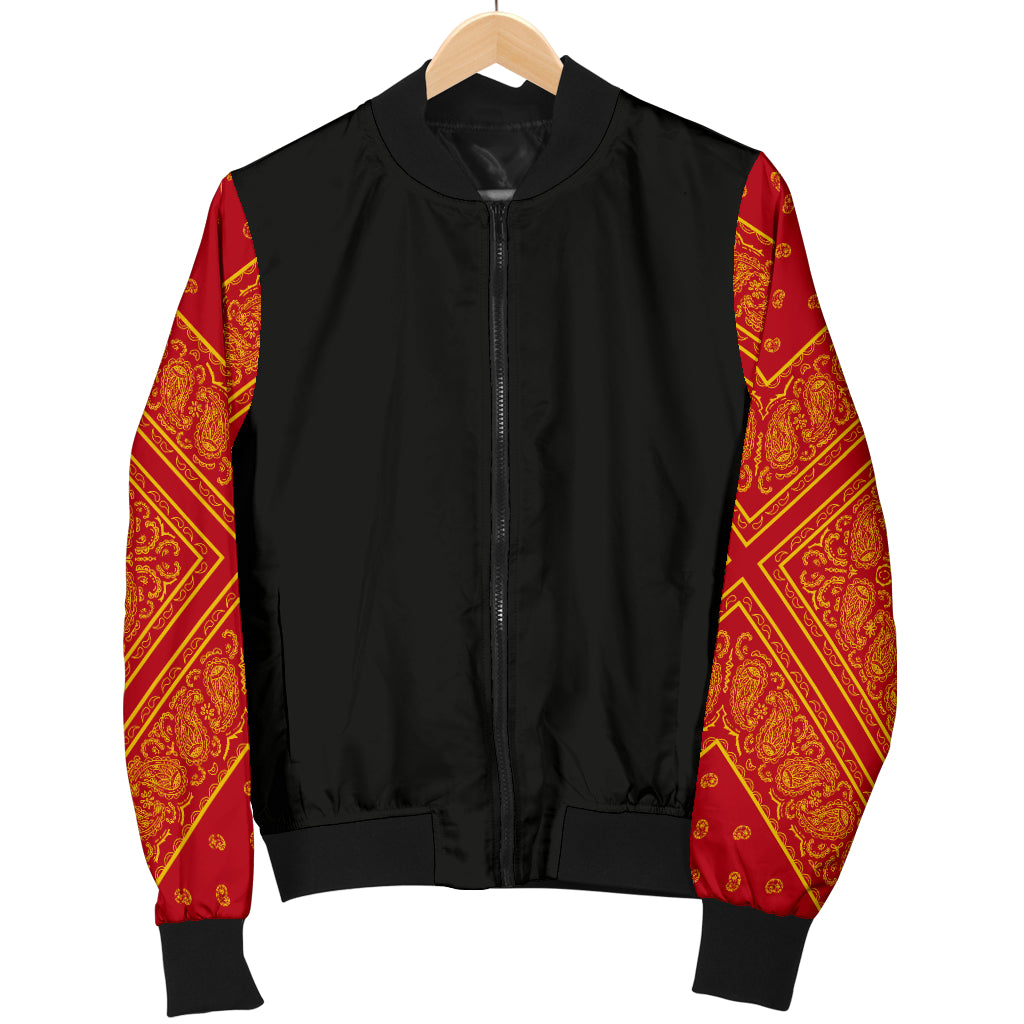 Women's Red and Gold Bandana Sleeved Bomber Jacket