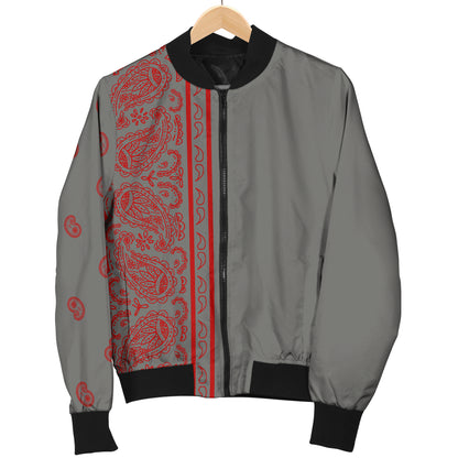 Asymmetrical Gray and Red Bandana Women's Bomber Jacket