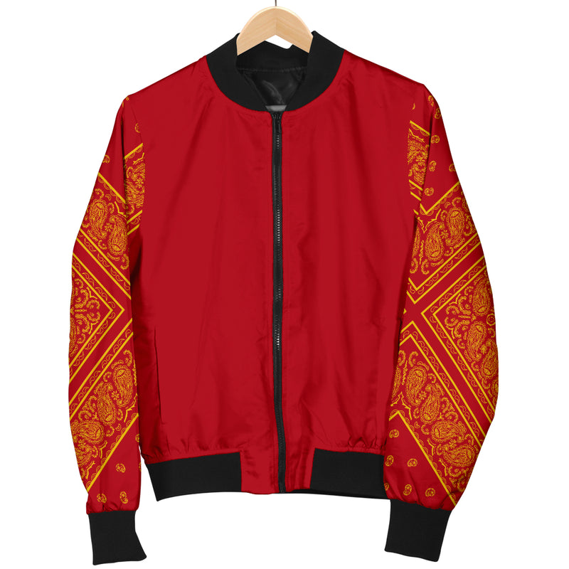 Men's Red and Gold on Red Bandana Sleeved Bomber Jacket