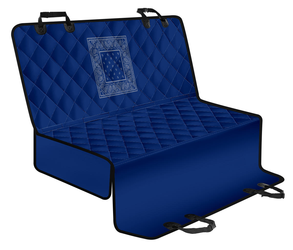 blue and gray bandana seat cover for pets