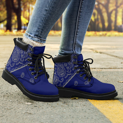blue and gray bandana boots
