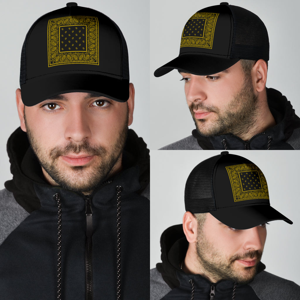 black and gold bandana ball cap