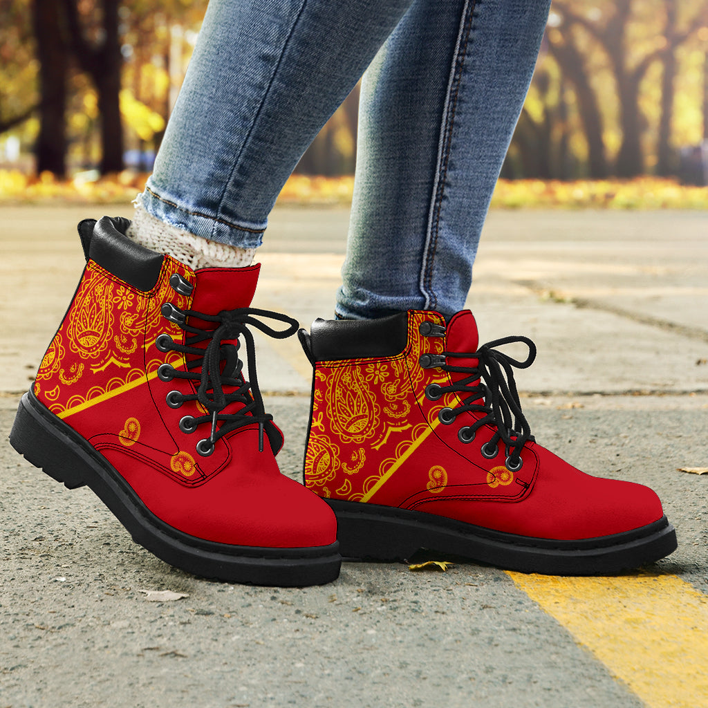 red and gold bandana hiking boots