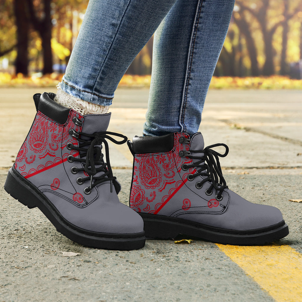 gray and red bandana boots