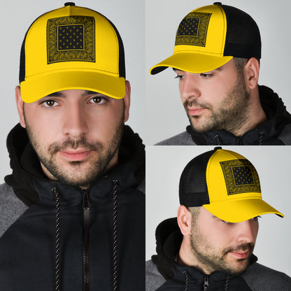 yellow and black bandana cap