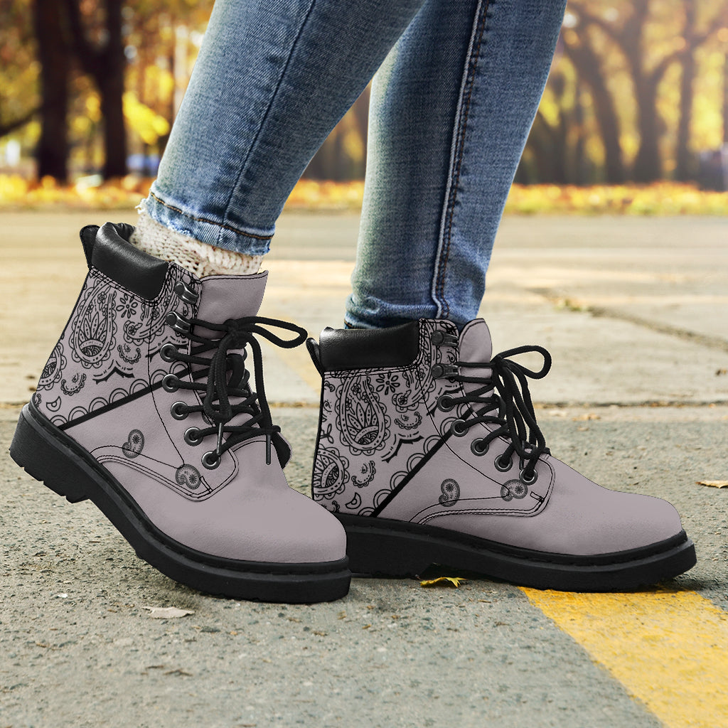 gray and black bandana print boots