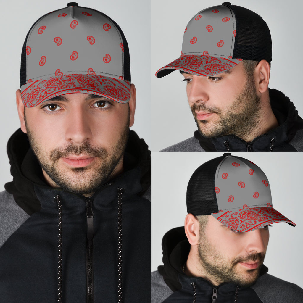 gray and red bandana hat