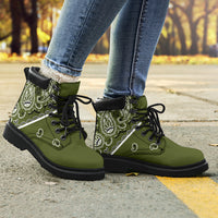army green boots with bandana print