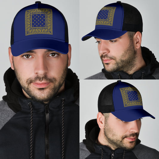 blue and yellow bandana ball cap