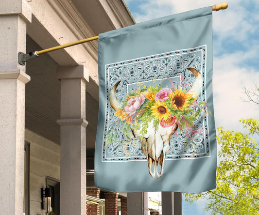 Blue Bandana Cow Skull Home and Garden Flags