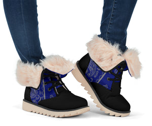 blue and gray bandana snow boots for women