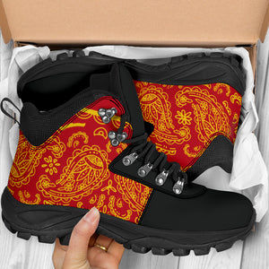 red and gold hiking boots